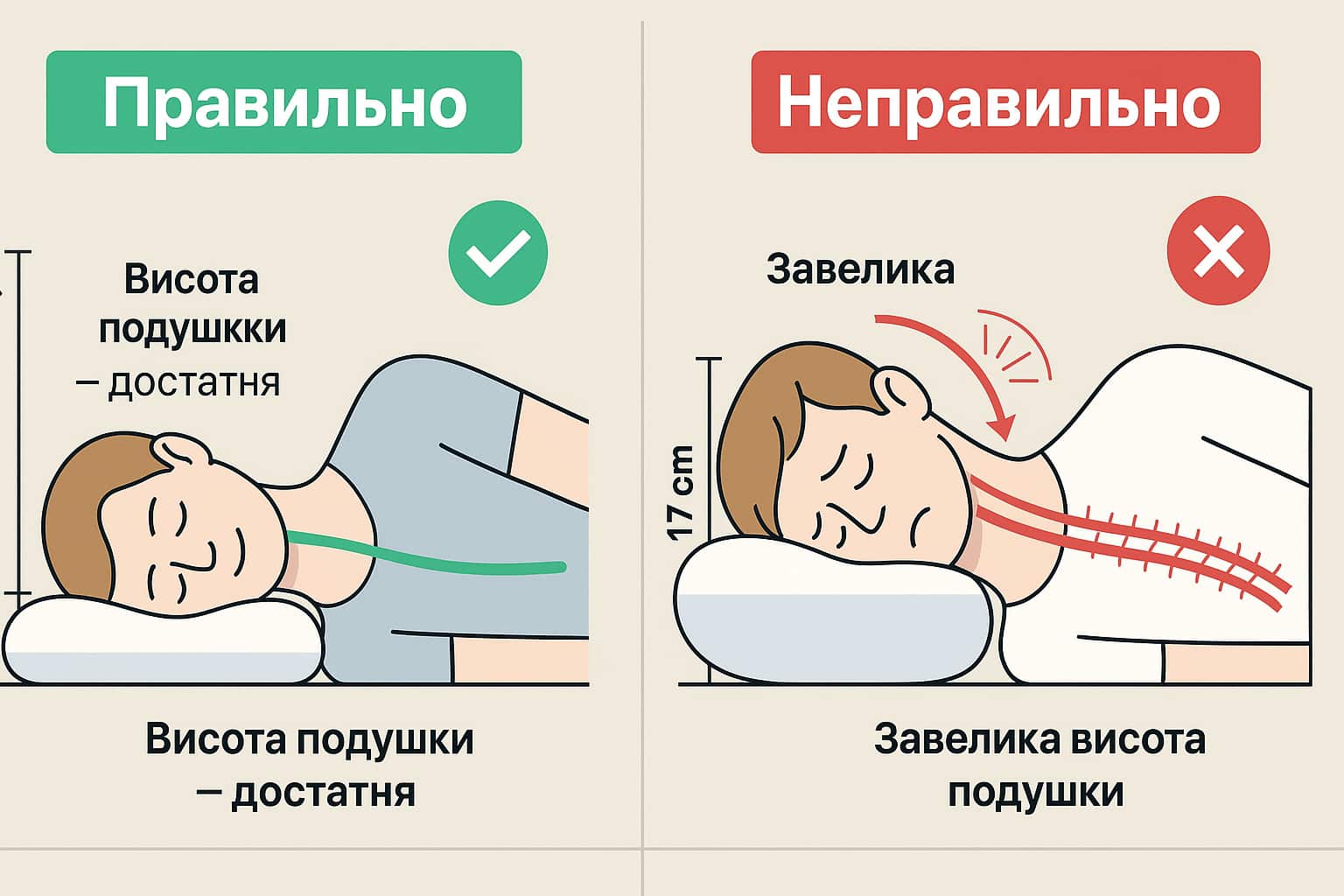 Схема сна на боку: слева нейтральное положение шеи на правильной высоте подушки; справа подушка слишком высокая — голова приподнята, угол в шее и напряжение мышц.