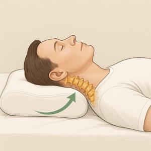 Мужчина лежит на спине на контурной ортопедической подушке; шея поддержана, шейный отдел выровнен.