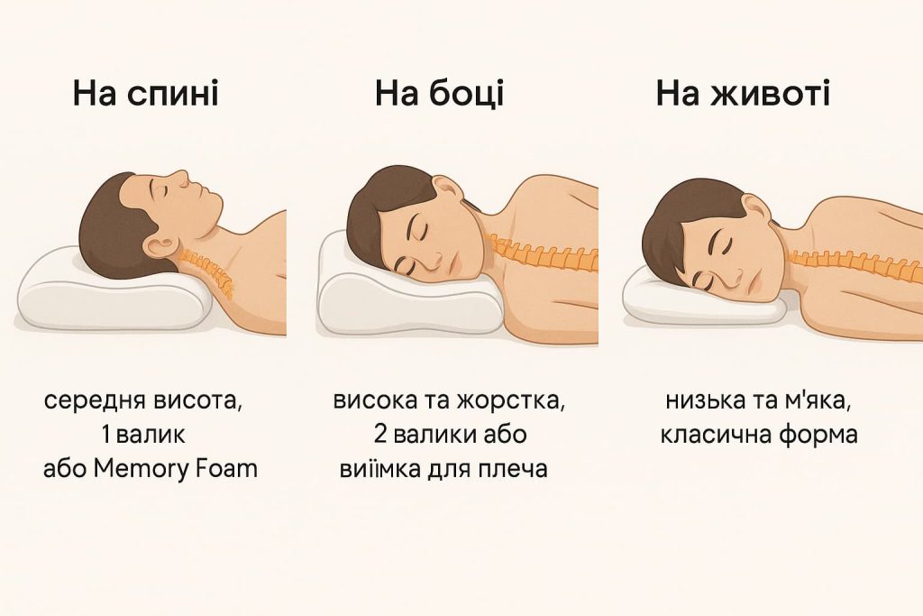 Какую подушку выбрать для сна на спине, боку и животе. Инфографика: три позы сна — на спине, на боку и на животе — с рекомендациями по подушкам (средняя высота с одним валиком/Memory Foam; высокая жёсткая с двумя валиками или выемкой; низкая мягкая классика)