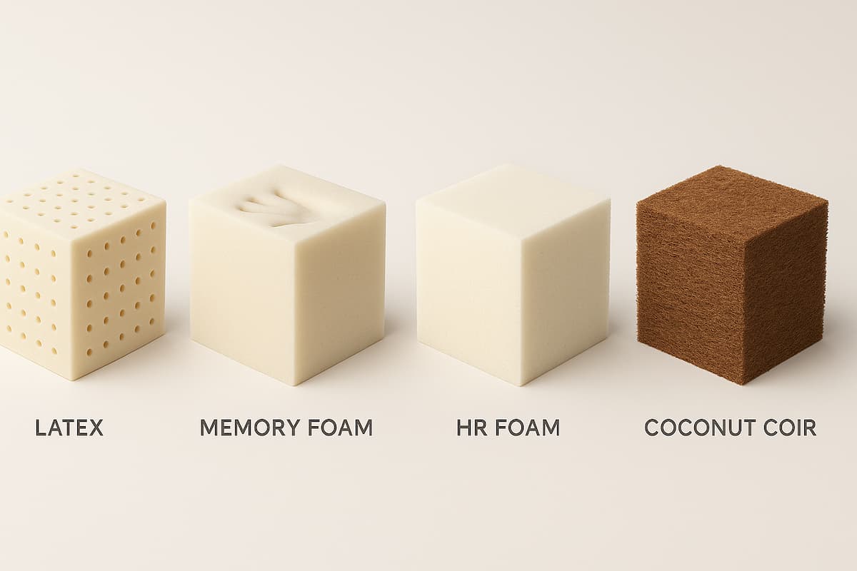 Кубики материалов: перфорированный латекс, пена Memory Foam, HR Foam и кокосовая койра