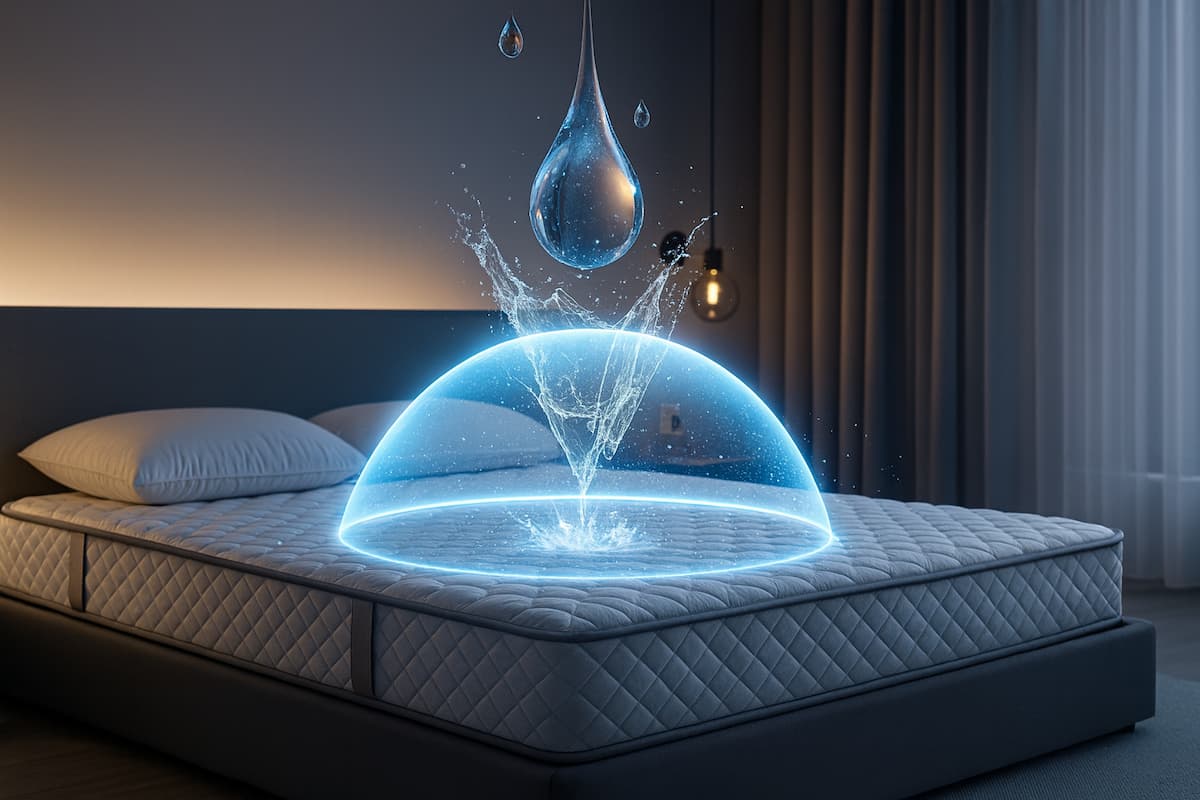 Ліжко зі світлим наматрацником E-matras; над поверхнею сяє блакитний захисний бар’єр, що відштовхує краплі води.