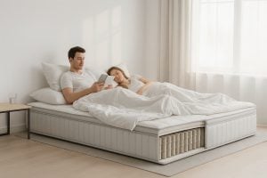 Пара відпочиває на пружинному матраці Pocket Spring на тонкому килимку на підлозі; зріз демонструє незалежні пружини