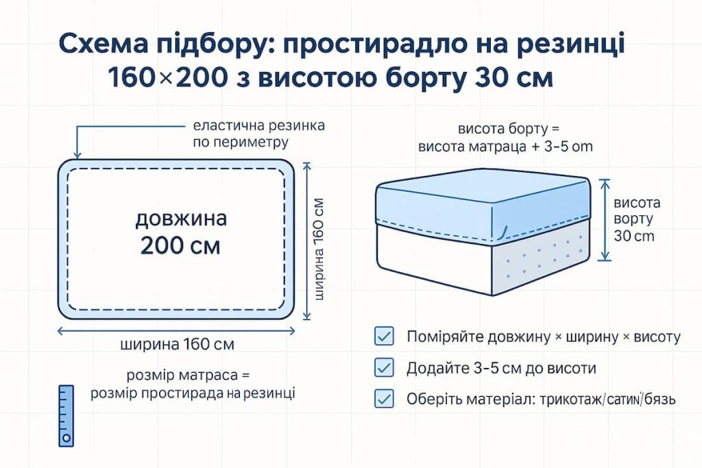 Схема підбору простирадла на резинці 160×200 з висотою борту 30 см