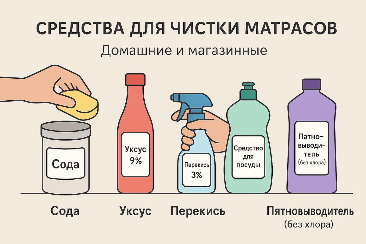 Средства для чистки матрасов: сода, уксус 9%, перекись 3%, средство для посуды и пятновыводитель без хлора — инфографика с руками и губкой