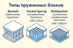 Инфографика: типы пружинных блоков в матрасах — Bonnell (зависимые пружины), Pocket Spring (~256–272 пружин на м²), Multipocket (~500–1000 на м²).