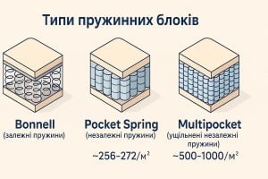 Інфографіка: типи пружинних блоків у матрацах — Bonnell (залежні пружини), Pocket Spring (~256–272 пружин на м²), Multipocket (~500–1000 на м²).