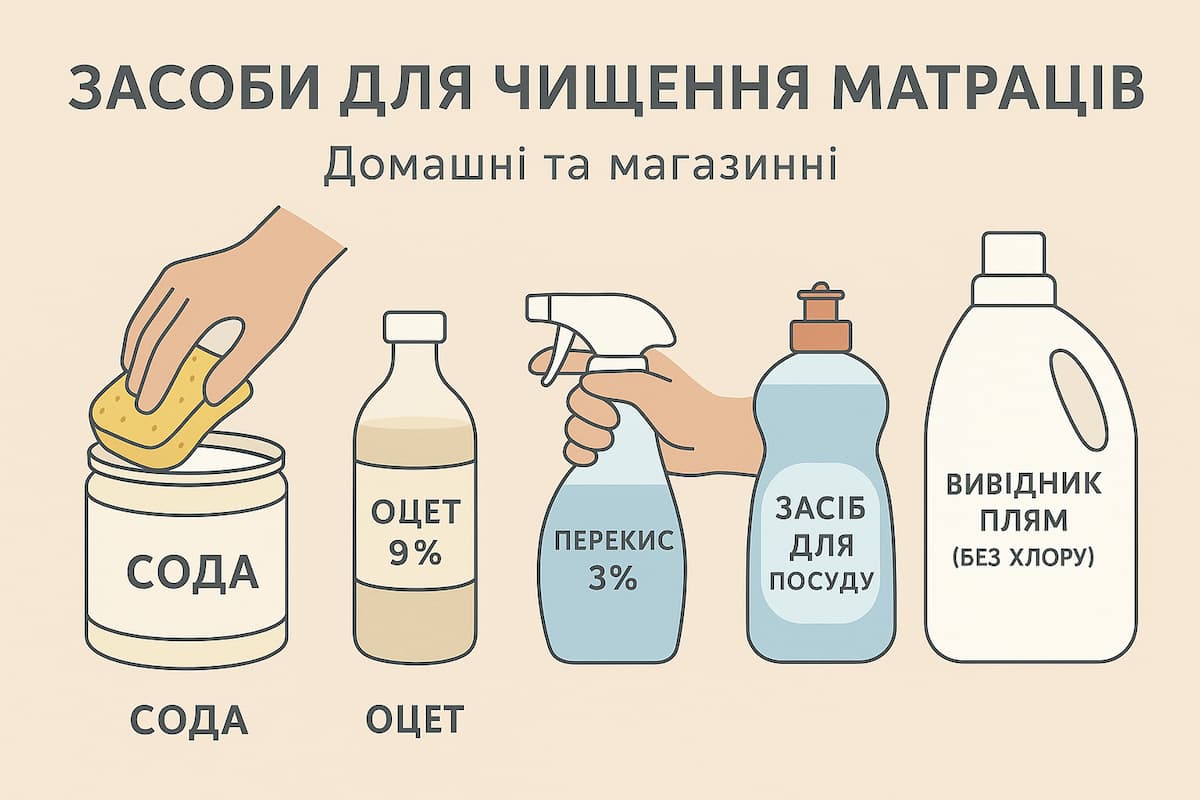 Засоби для чищення матраців: сода, оцет 9%, перекис 3%, засіб для посуду та вивідник плям (без хлору) — інфографіка з руками і губкою