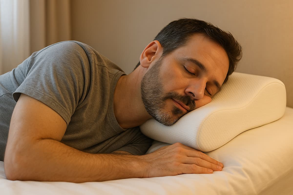Чоловік спить на боці на анатомічній подушці memory foam: валик підтримує шию, хребет рівний