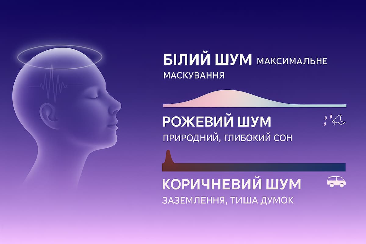 Інфографіка: білий, рожевий та коричневий шум для сну — маскування, глибокий сон, заземлення