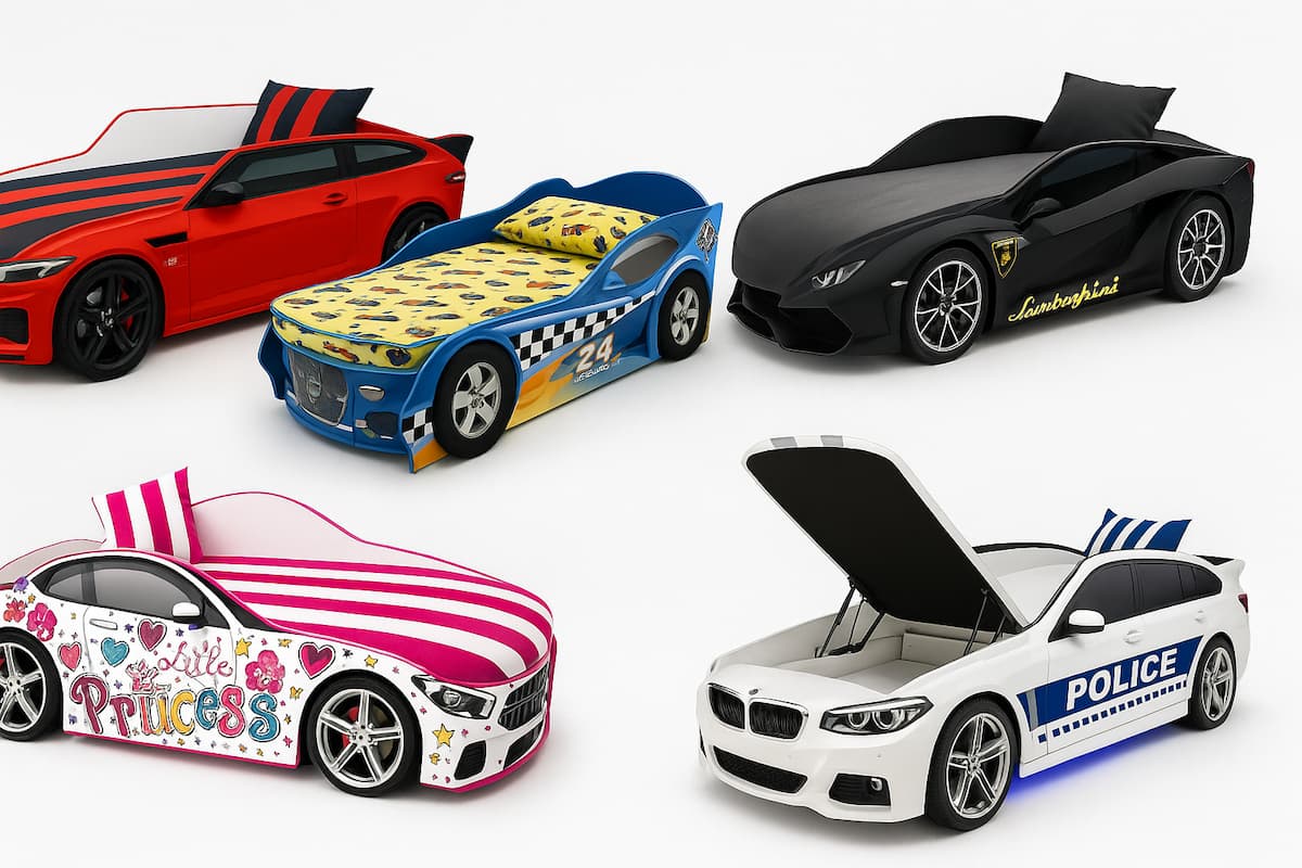 Горизонтальный коллаж детских кроватей-машинок: красная спортивная, синяя гоночная, черная в стиле Lamborghini, белая «POLICE» с подъемным механизмом и бело-розовая Little Princess — на белом фоне