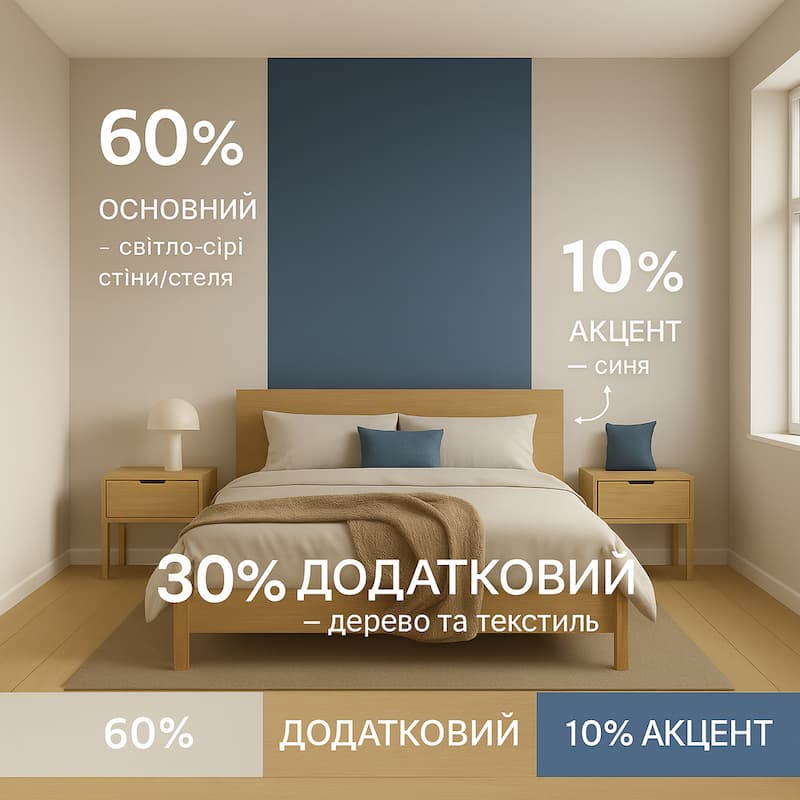 Правило 60–30–10 в маленькой спальне: 60% светло-серые стены и потолок, 30% дерево и текстиль, 10% синяя акцентная стена по ширине изголовья кровати