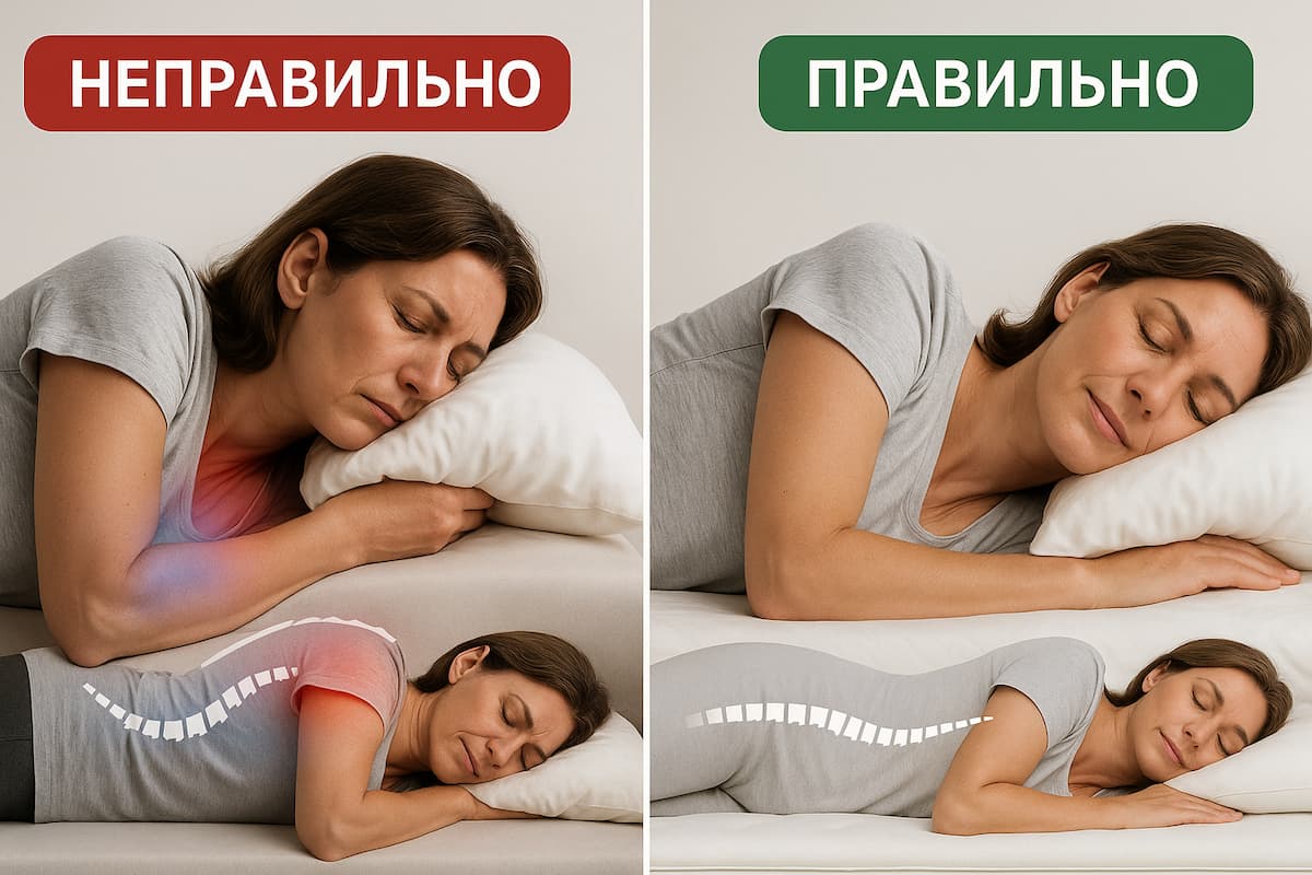Інфографіка: неправильна і правильна поза на боці — жорсткий матрац вигинає хребет; ортопедичний вирівнює
