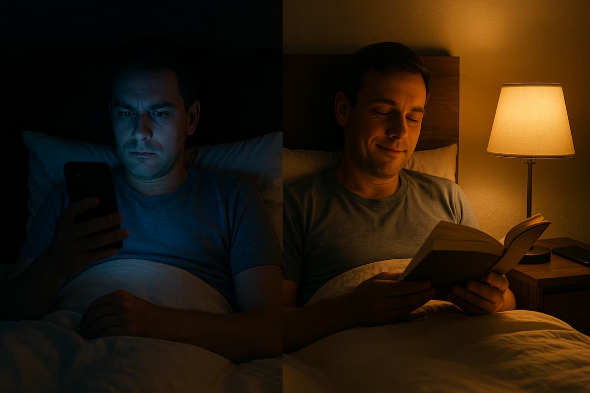 До/после: синее свечение смартфона против чтения бумажной книги при тёплом свете лампы