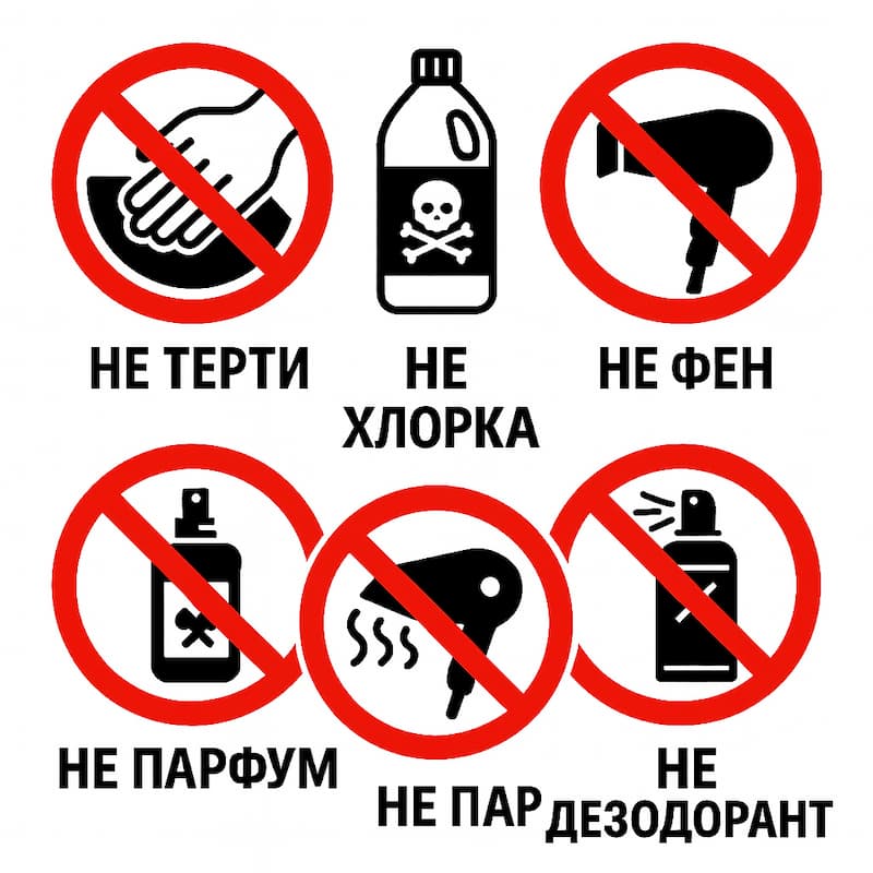 6 заборон під час чищення дивана: НЕ терти, НЕ хлорка, НЕ фен, НЕ парфум, НЕ пар, НЕ дезодорант Інфографіка: Що не можна робити під час чищення дивана від сечі