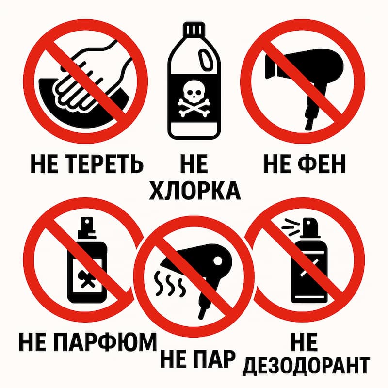 6 запретов при чистке дивана: НЕ тереть, НЕ хлорка, НЕ фен, НЕ парфюм, НЕ пар, НЕ дезодорант Инфографика: Что нельзя делать при чистке дивана от мочи