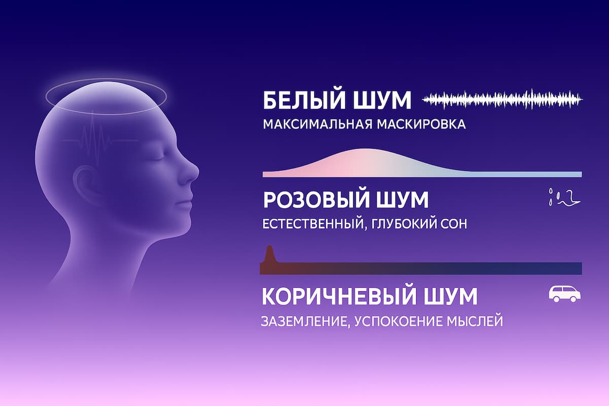 Инфографика: белый, розовый и коричневый шум для сна — маскировка, глубокий сон, заземление