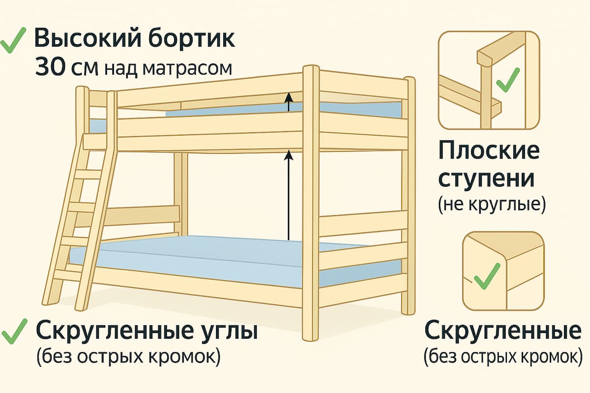 Инфографика безопасности детской двухъярусной кровати: бортик 30 см над матрасом, плоские ступени лестницы, скруглённые углы.