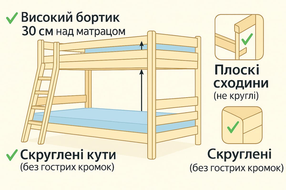 Інфографіка безпеки дитячого двоярусного ліжка: бортик 30 см над матрацом, пласкі сходинки драбини, заокруглені кути.