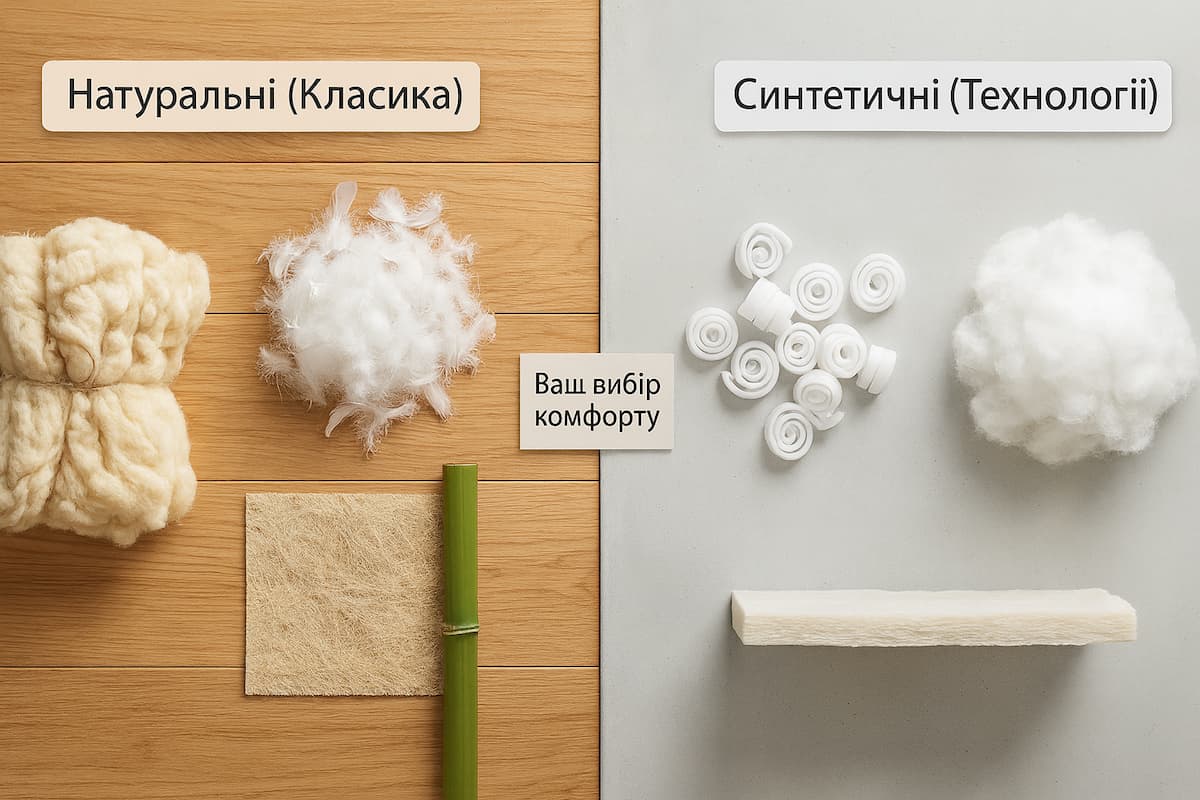 Порівняння натуральних та синтетичних наповнювачів для ковдр: вовна, пух, бамбук і сучасні синтетичні волокна на двох контрастних фонах.