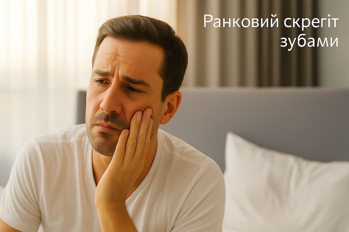 Горизонтальне фотореалістичне зображення чоловіка 30–40 років у ліжку при м'якому ранковому світлі; він тримає щоку і відчуває дискомфорт — ілюстрація болю в щелепі через бруксизм вранці. Чоловік прокинувся з болем у щелепі, тримає щоку — наслідки нічного скреготу зубами (бруксизму).