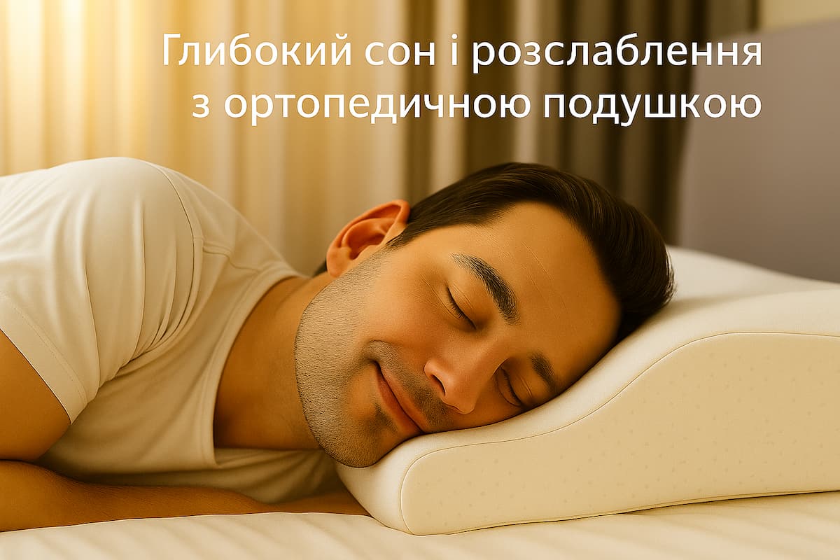 Горизонтальне фотореалістичне зображення: чоловік спить на боці на ортопедичній подушці з хвилеподібною формою (Memory Foam). Тепле м'яке світло, акцент на підтримці голови та шиї. Без тексту на зображенні. Чоловік спокійно спить на боці на ортопедичній подушці з піни пам'яті; шия в нейтральному положенні, обличчя розслаблене.