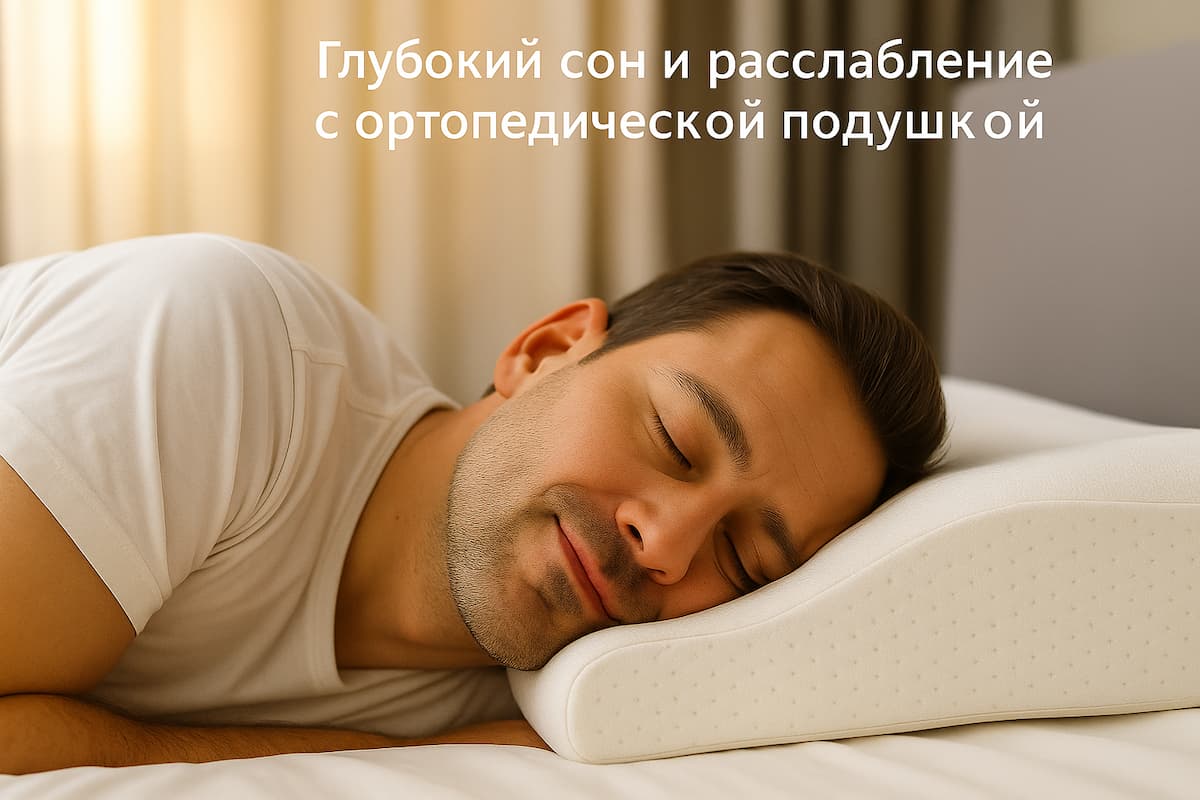 Горизонтальное фотореалистичное изображение: мужчина спит на боку на ортопедической подушке с волнообразной формой (Memory Foam). Тёплый мягкий свет, акцент на поддержке головы и шеи. Без текста на изображении. Мужчина спокойно спит на боку на ортопедической подушке из пены памяти; шея в нейтральном положении, лицо расслаблено.