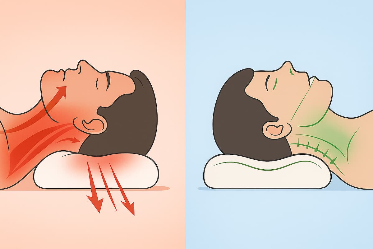 Порівняння двох поз: «неправильно» на плоскій подушці (перерозгинання шиї, стиснута щелепа, червоні зони напруження) і «правильно» на ортопедичній подушці з хвилею (нейтральна вісь, зелені зони комфорту). Інфографіка: зліва плоска подушка з перерозгинанням шиї та червоними зонами напруження, справа ортопедична подушка з вирівнюванням шиї та розслабленою щелепою.