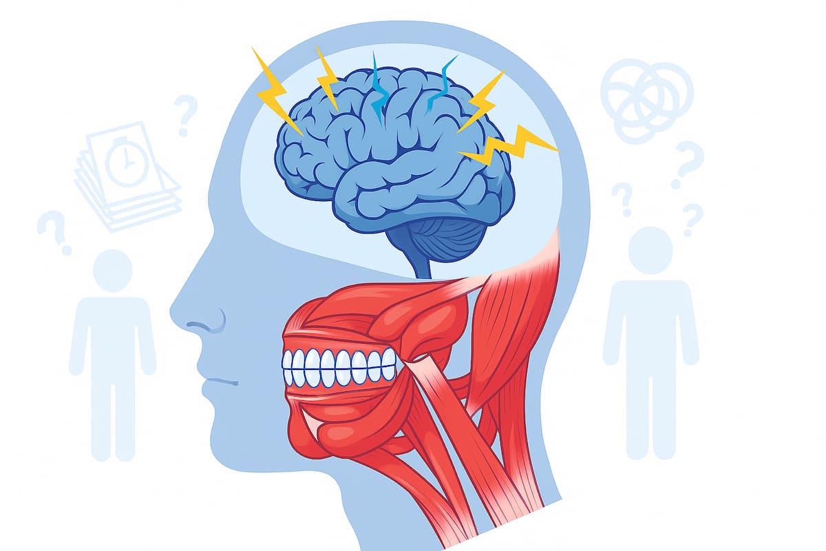 Горизонтальна концептуальна ілюстрація: профіль голови людини, напівпрозорий силует мозку зі «стресовими» розрядами, червоним виділені жувальні м'язи та стиснута щелепа. Без текстових написів на зображенні. Ілюстрація зв'язку стресу в мозку з напруженням жувальних м'язів і стисканням щелепи — причина бруксизму.