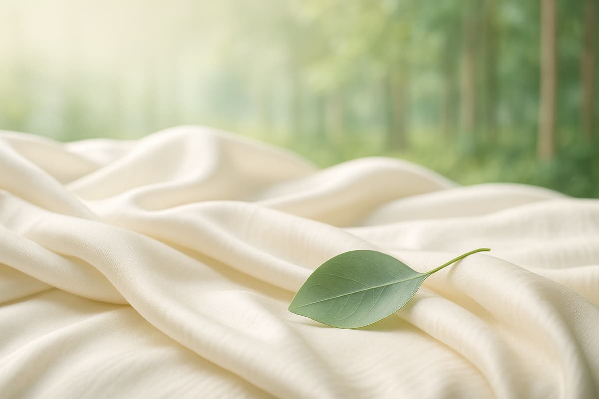 М’яка світла тканина Tencel із шовковистим блиском і листком евкаліпта на тлі розмитих дерев