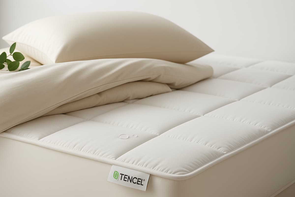 Подушка і ковдра з TENCEL™ на стьобаному наматрацнику; нейтральні бежеві тони, краплі вологи на поверхні, горизонтальний кадр