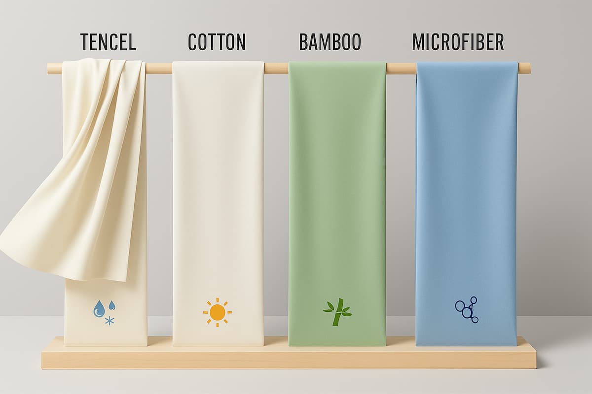 Горизонтальна інфографіка: чотири зразки тканин на стійці — TENCEL, COTTON, BAMBOO і MICROFIBER; під кожним іконка властивостей (волога+прохолода, сонце, бамбук, молекула)