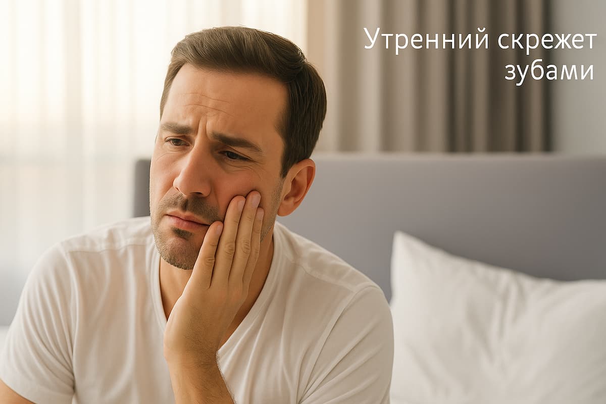 Горизонтальное фотореалистичное изображение мужчины 30–40 лет в постели при мягком утреннем свете; он держит щеку и испытывает дискомфорт — иллюстрация боли в челюсти из-за бруксизма по утрам. Мужчина проснулся с болью в челюсти, держит щеку — последствия ночного скрежета зубами (бруксизм).
