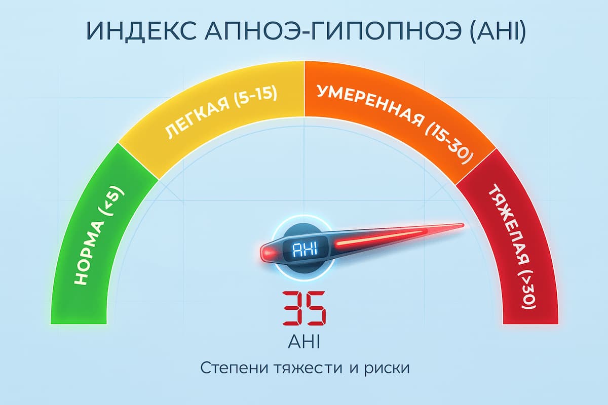 Инфографика-спидометр AHI с четырьмя зонами (зелёная, жёлтая, оранжевая, красная); стрелка указывает на тяжёлую степень (>30 событий/час) Индекс апноэ-гипопноэ (AHI): шкала тяжести — НОРМА <5, ЛЕГКАЯ 5–15, УМЕРЕННАЯ 15–30, ТЯЖЁЛАЯ >30; стрелка на красной зоне (AHI≈35)