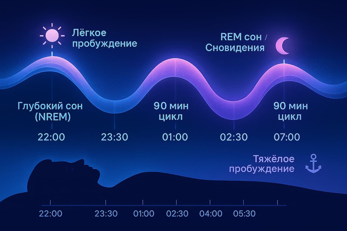 Концептуальная инфографика циклов сна: внизу силуэт спящего, над ним биолюминесцентная волна, ныряющая в тёмно-синие зоны «Глубокий сон (NREM)» и поднимающаяся в светло-фиолетовые «REM сон / сновидения». Вертикальные метки «90 мин цикл», внизу шкала времени 22:00–07:00. Пики = лёгкое пробуждение, низины = «инерция сна». Волна циклов сна: NREM и REM, метки 90 мин, таймлайн 22:00–07:00; лёгкое пробуждение на пике, тяжёлое на дне.