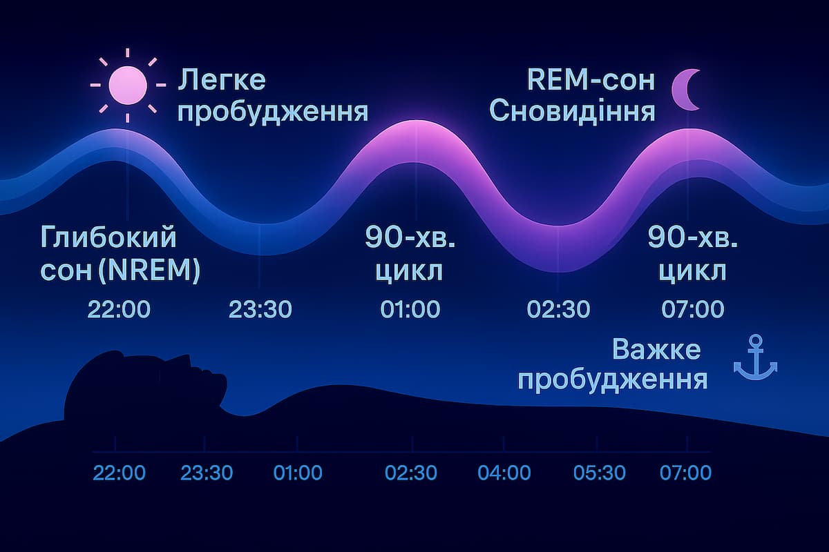 Біолюмінесцентна хвиля показує чергування глибокого сну (NREM) і REM. Вертикальні лінії позначають «90-хв. цикл», унизу таймлайн 22:00–07:00. Піки хвилі підписані як «Легке пробудження», западини — «Важке пробудження». Чистий, наочний візуал для пояснення інерції сну. Інфографіка циклів сну: хвиля REM/NREM, мітки «90-хв. цикл», шкала 22:00–07:00; легке пробудження на піку, важке — на дні.