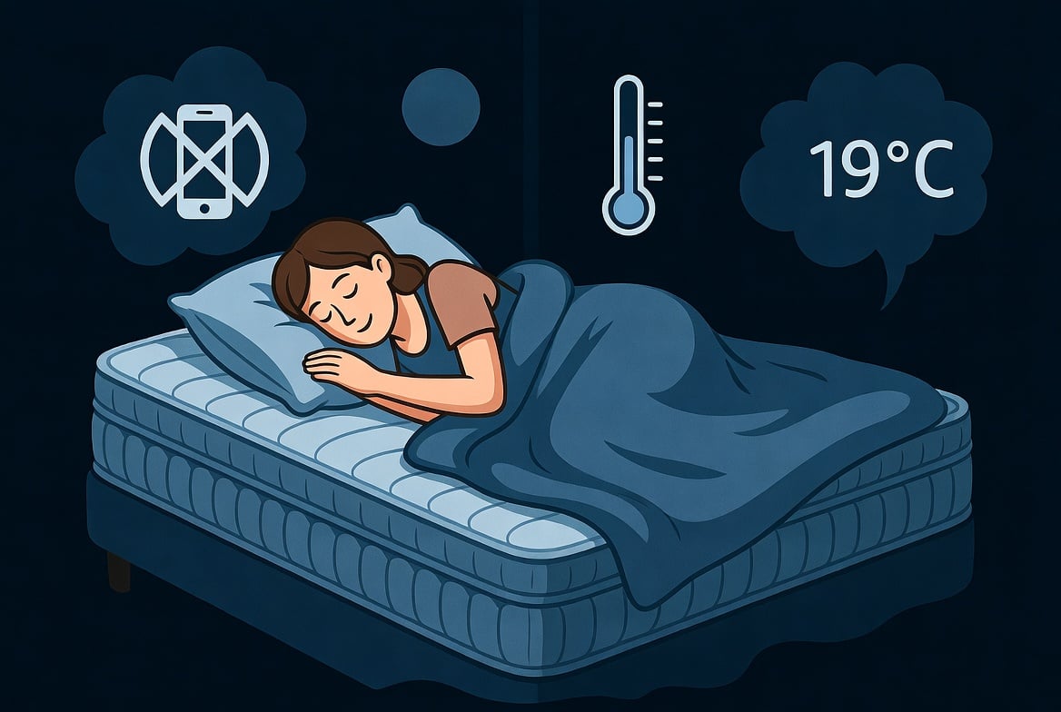 Темна прохолодна спальня (19°C), відсутність гаджетів і шуму. Людина спить на підтримувальному ортопедичному матраці, що м’яко підлаштовується під тіло. Затишна, заспокійлива атмосфера — візуальний чек-ліст гігієни сну. Ідеальна гігієна сну: людина мирно спить на товстому ортопедичному матраці; значки — без телефона, 19°C, темрява і тиша.