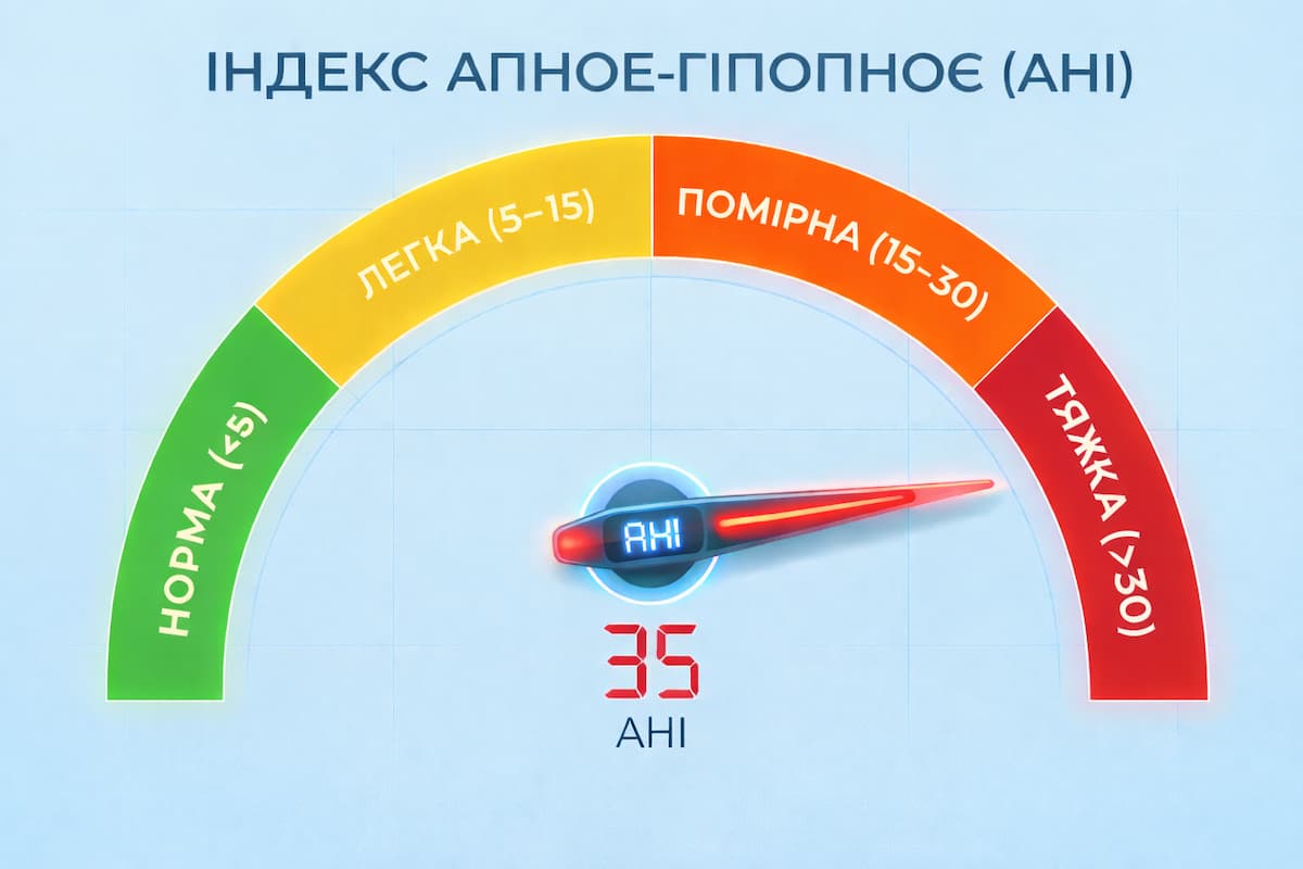 Інфографіка з напівкруглою шкалою AHI (індекс апное-гіпопное) у 4 зонах: зелена — норма (<5), жовта — легка (5–15), помаранчева — помірна (15–30), червона — тяжка (>30). Стрілка вказує на значення 35, що відповідає тяжкому ступеню. Шкала індексу апное-гіпопное (AHI): норма (<5), легка (5–15), помірна (15–30), тяжка (>30); приклад значення 35.
