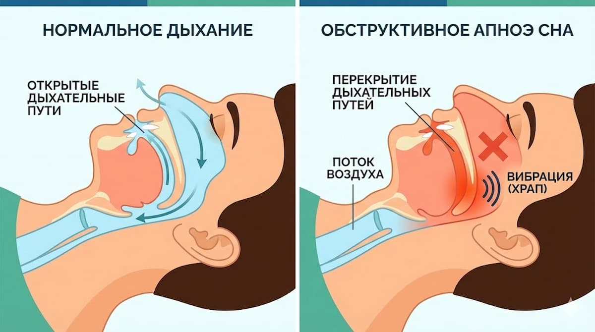 Медицинская инфографика 16:9 в разрезе головы и горла. Слева показан свободный проход воздуха при нормальном дыхании, справа — обструктивное апноэ: язык и мягкое нёбо западают назад и блокируют глотку; поток воздуха перекрыт, появляется вибрация тканей (храп). Нормальное дыхание и обструктивное апноэ сна: поперечный срез головы; слева открытые дыхательные пути, справа перекрытие языком и мягким нёбом, храп–вибрация.