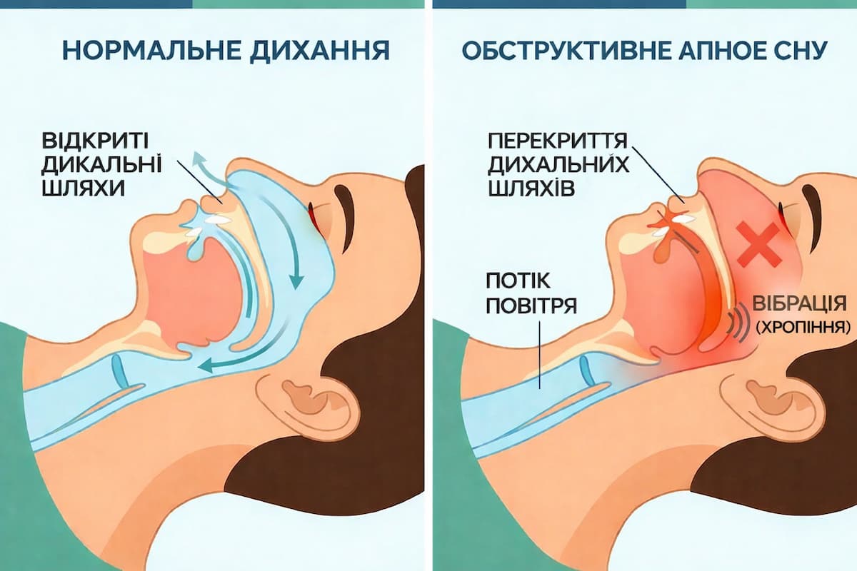 Інфографіка порівнює нормальне дихання та обструктивне апное сну: зліва показані відкриті дихальні шляхи й вільний потік повітря, справа — перекриття дихальних шляхів, обмежений потік повітря та вібрація (хропіння). Схема: нормальне дихання та обструктивне апное сну — перекриття дихальних шляхів, потік повітря і вібрація (хропіння).