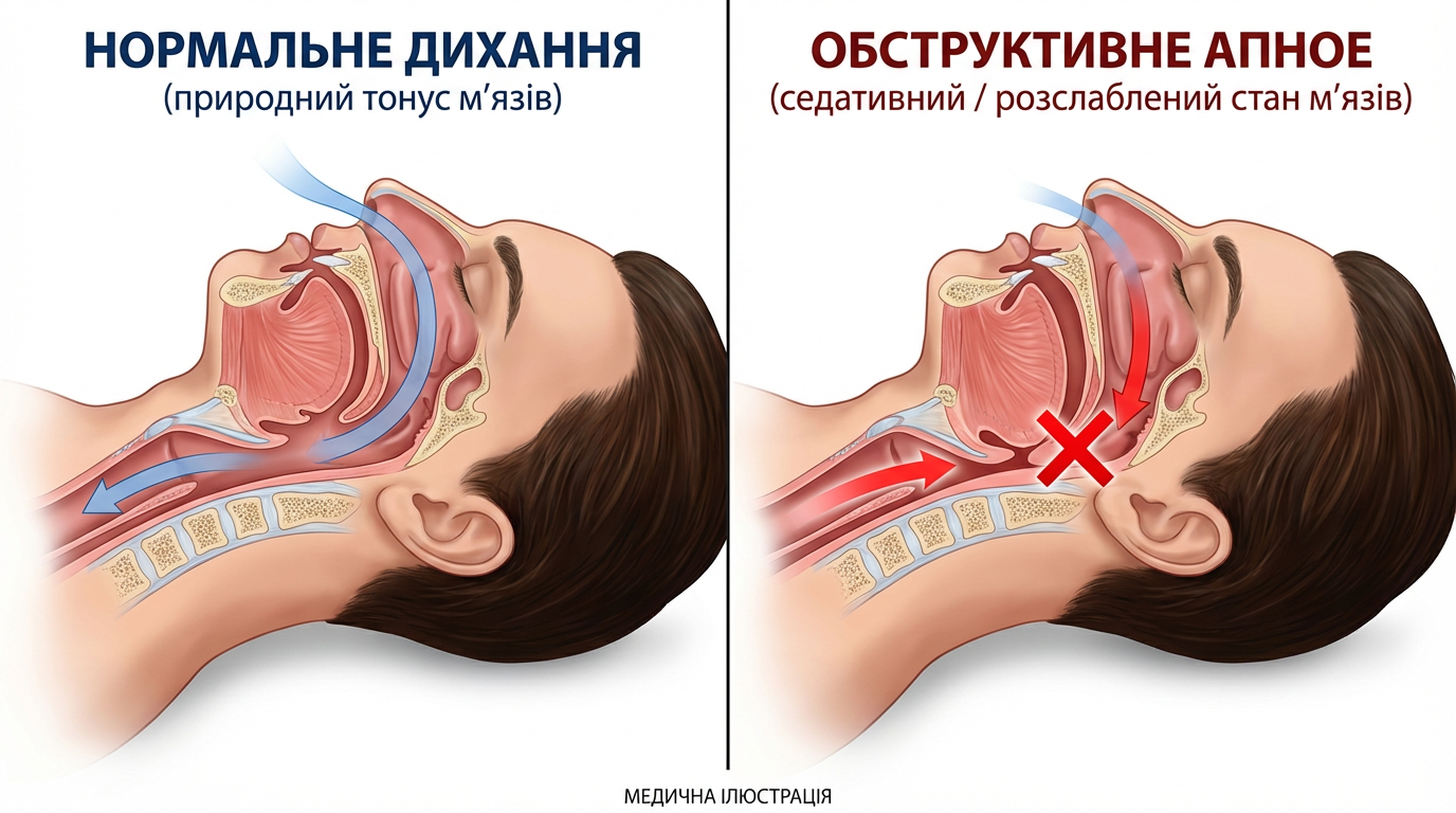 Медицинская схема-сравнение: нормальное дыхание с открытыми путями (слева) против обструктивного апноэ (справа), где снотворные вызывают чрезмерное расслабление мышц горла и блокирование дыхания.