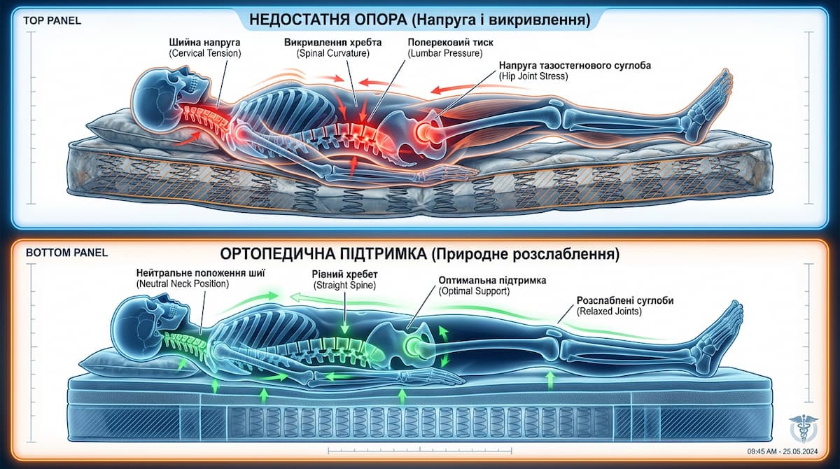 Медицинская схема-сравнение: искривление позвоночника и красные точки напряжения на матрасе без поддержки против ровного положения спины и расслабления мышц на ортопедическом матрасе.