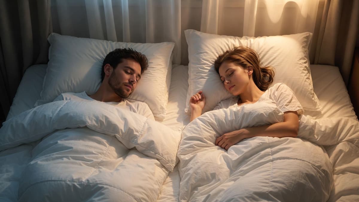 Пара спит вдвоём на одной кровати под двумя отдельными одеялами — метод split-duvet для комфортного совместного сна